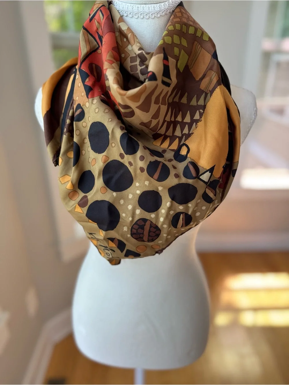 Vintage Ken Scott Made in Italy Multicolor Large Square Silk Scarf Tan Black